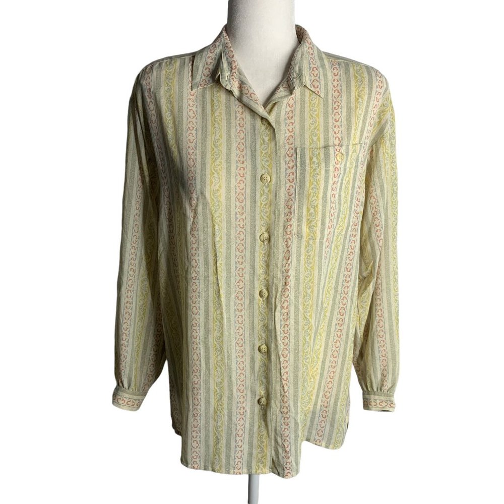Vintage Liz Claiborne Button Up Shirt M Petite Multicolored Pocket Shoulder Pads